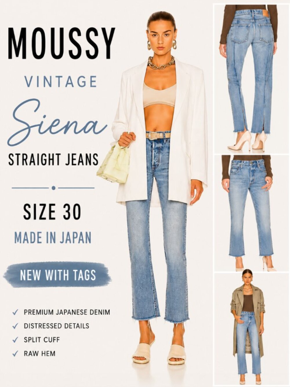 Moussy Vintage Siena Straight Jeans Size 30 NWT Made in Japan Distressed Denim